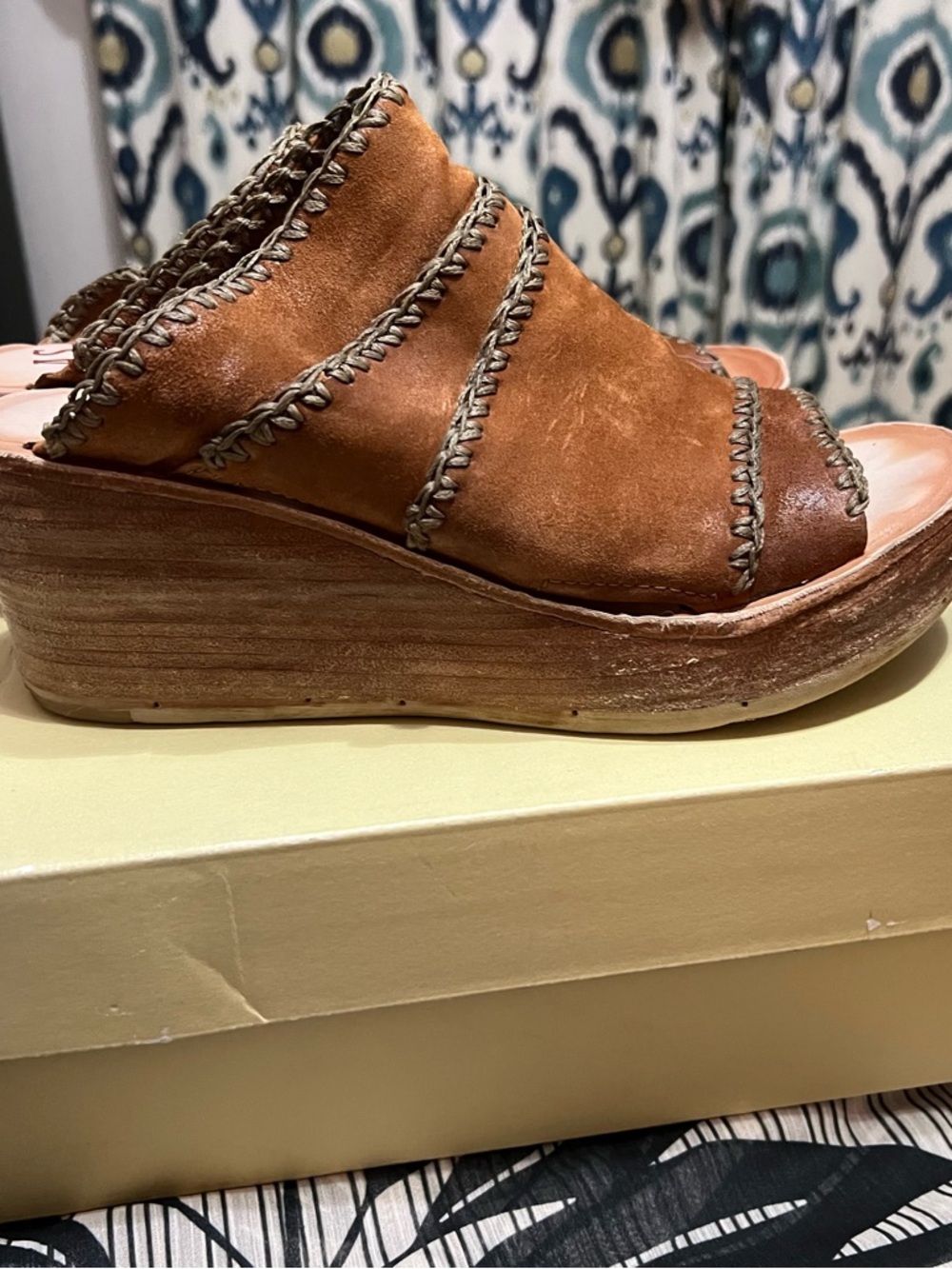 A.S.98 Cognac Suede Wedge Slide with Braided Trim